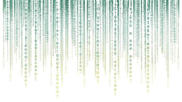 Digital rain effect with binary code falling in vertical streams isolated on transparent background