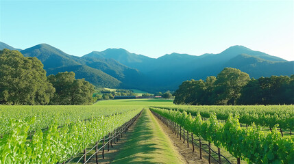 Naklejka premium Lush vineyard extends toward blue mountains under a serene sky, suggesting harmony between nature and cultivation. Perfect for agriculture, wine, or landscape themes with copy space.