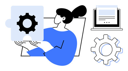 Woman holding a gear puzzle piece, symbolizing problem-solving and innovation. Laptop and gear emphasize process development. Ideal for teamwork, planning, creativity, education, strategy
