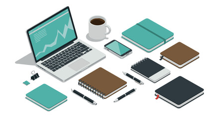 Modern isometric office workspace with laptop, notebooks, and coffee