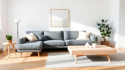 Stylish modern living room with gray sofa and wood accents