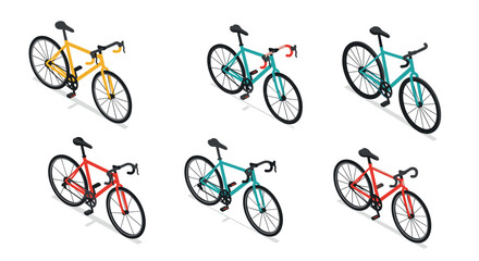 Set of colorful isometric road bicycles on white background for eco transportation design
