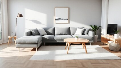 Modern living room with cozy couch and natural sunlight