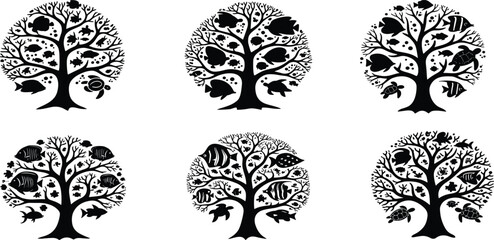 PrintStylized tree silhouettes, marine life design, underwater forest concept, black aquatic illustration, fish and turtle art, ocean biodiversity graphic