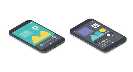 Isometric smartphones with graphic editing apps in minimalist design