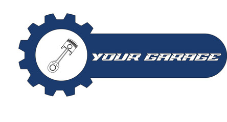 Automotive garage or repair shop logo template featuring a piston and a gear wheel in a bold, dark blue and white color scheme. Ideal for car service, mechanic, and engineering business branding