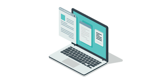 Isometric laptop with digital document and browser interface displayed