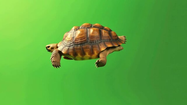 Tortoise in motion against green background