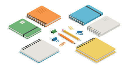 Isometric notebooks and stationery essentials in vibrant colors