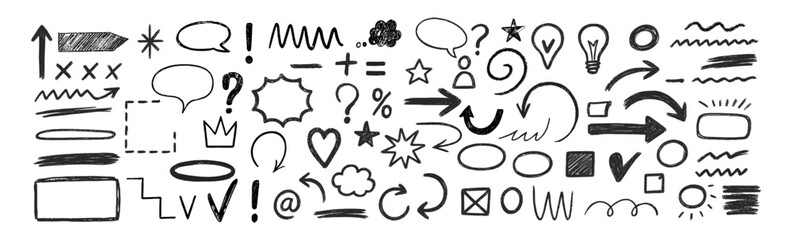 Hand drawn crayons arrow and marker brush line sketch elements on transparent background