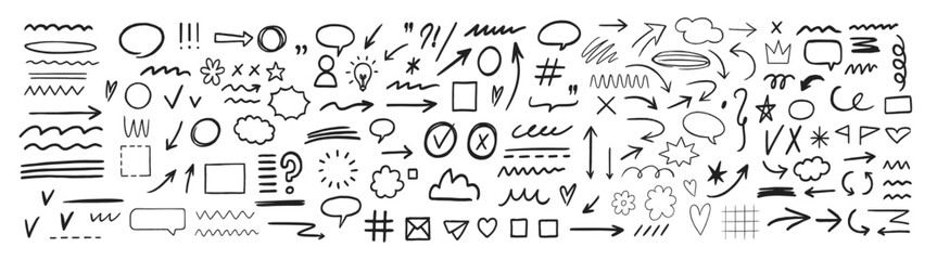 Hand drawn vector arrow and marker stroke design elements on transparent background