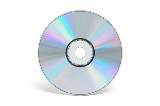 Silver CD data disc, white background, studio shot, digital storage