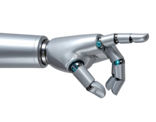 Futuristic Robotic Arm Pointing Forward, Silver Metallic Finish, Front View Isolated on Transparent Background