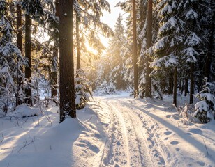 Obraz premium Winter landscape with sunlight filtering through snow-covered pine trees