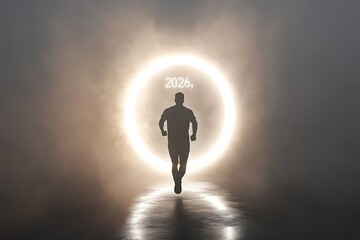 Man Running Towards 2026 Silhouette in Fog with Glowing Portal and Reflection