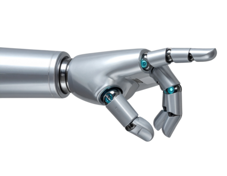 Futuristic Robotic Arm Pointing Forward, Silver Metallic Finish, Front View Isolated on Transparent Background
