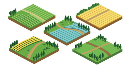 Isometric landscape: diverse agricultural fields and natural scenery designs