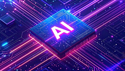 Futuristic AI Microchip with Glowing Circuits and Data Connections.