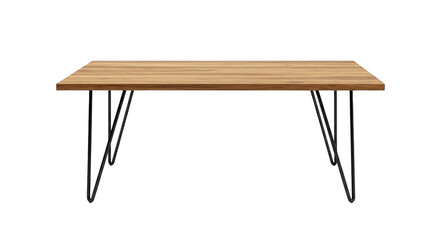 Wooden dining table with black hairpin legs isolated on transparent background