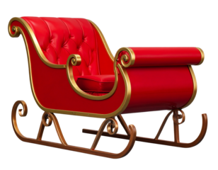 Classic Red and Gold Santa Sleigh Front View, Festive Design with Golden Trim, Isolated on Transparent Background