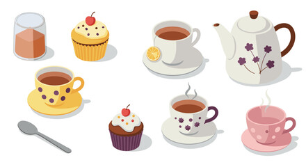 Cozy tea time with cupcakes and teapot in isometric style