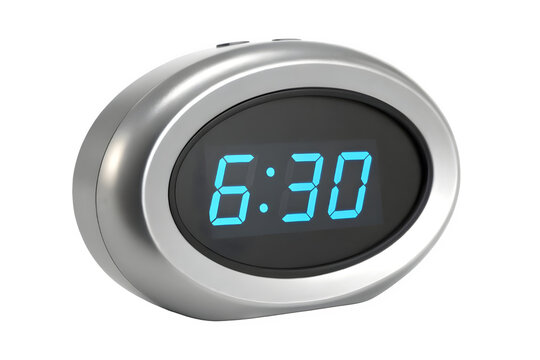 Round digital clock with blue illuminated numbers showing 6 30 isolated on transparent background