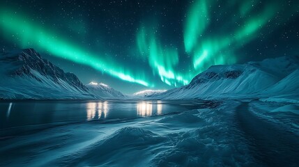 Mesmerizing Aurora Borealis over Snowy Mountain Range Reflecting in a Tranquil Lake at Night