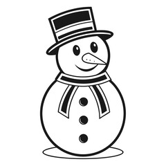 Simple cartoon snowman with hat and scarf, black and white outline drawing