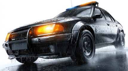 City Patrol: A sleek, modern police car navigates a rain-slicked street, its emergency lights casting a dramatic glow in the wet night.