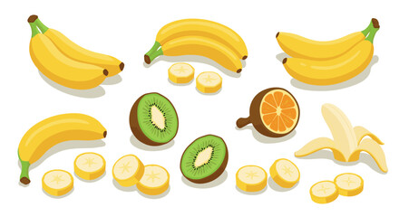 Isometric banana and fruit collection with kiwi and citrus slices