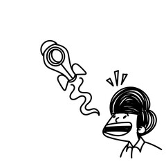 cartoon person looking at the launching of flying rocket in hand drawn doodle
