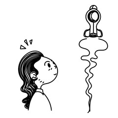 cartoon person looking at the launching of flying rocket in hand drawn doodle