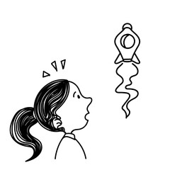 cartoon person looking at the launching of flying rocket in hand drawn doodle