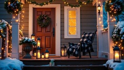 Festive porch decorated for winter holidays at twilight
