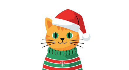 A cute orange tabby cat wearing a Santa hat and a green and red striped sweater with a snowflake pattern.