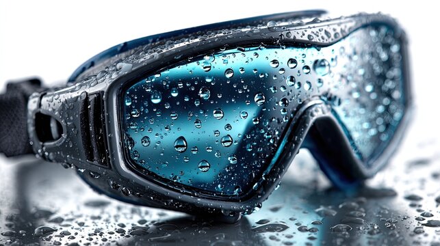 Aquatic Goggles: Close-up of aquatic goggles glistening with water droplets, showcasing the intricate design and crystal-clear lenses