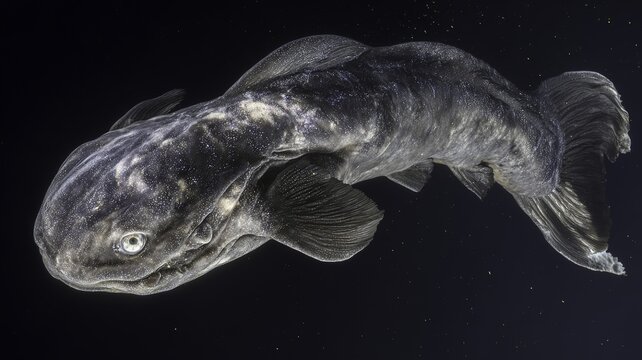 A close-up view of a coelacanth fish, showcasing its distinctive features and dark, mottled skin against a black background.