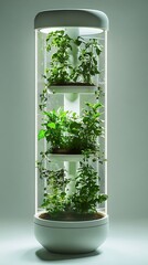 Modern Vertical Indoor Garden with Herbs and LED Lighting for Sustainable Home Gardening