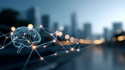 Artificial intelligence brain with neural network connections floats above blurred cityscape at dusk, symbolizing future smart technology. Digital innovation, AI integration are highlighted - Powered by Adobe