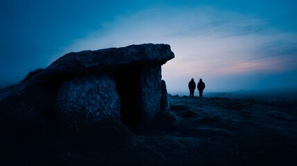 Silhouetted figures stand beside an ancient stone tomb at dawn or dusk under a moody sky