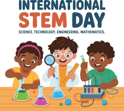 Children celebrating international stem day with science experiments and learning