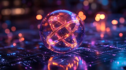 Orb with Intertwined Ring Structure Floating Above an Illuminated Circuit Board with Bokeh Background