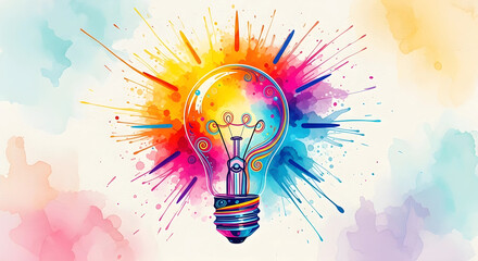 アイデアの閃き：サイケデリック水彩で描く創造的ビジネス電球アイコン – プレゼン・広告素材