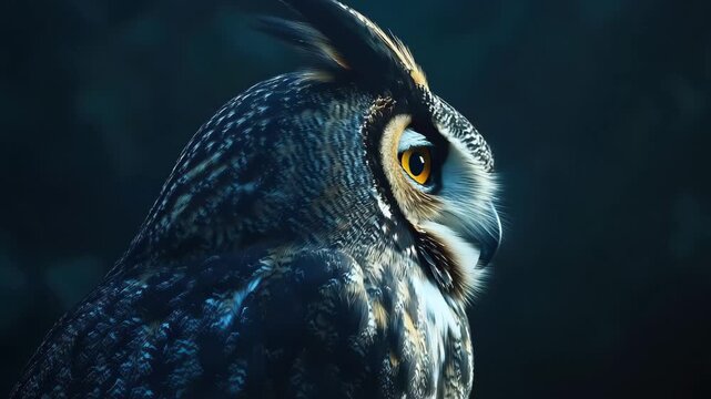 Captivating gaze of a great horned owl perched in twilight setting