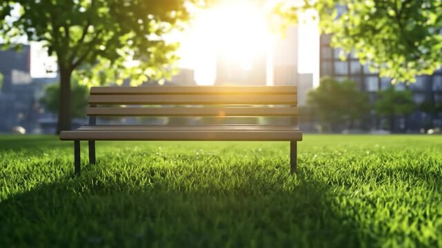 Empty park bench on green grass field with bright sun light through trees tranquil urban nature scene relaxation outdoor setting