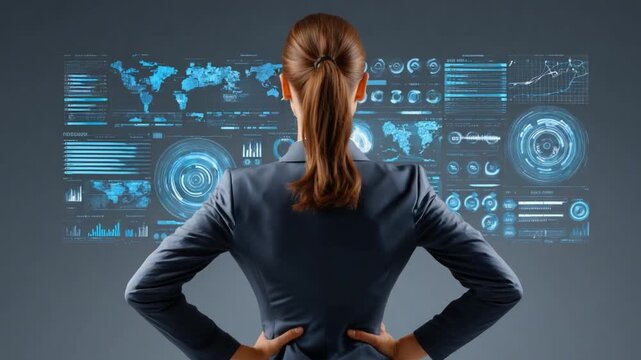 Visionary's Gaze: A business professional stands poised, her focus fixed upon a vibrant digital display showcasing complex data streams and global connections. - Powered by Adobe