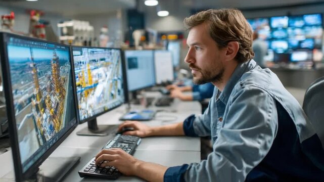 Focused Technician at Work: A concentrated technician meticulously monitors and controls complex operations through a dual-monitor setup.