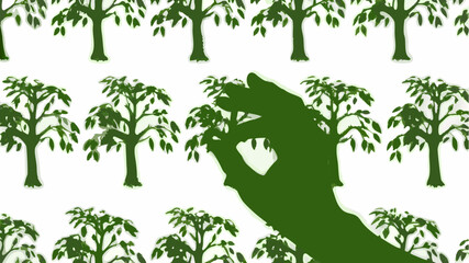 Lush green trees create a peaceful forest, a hand forming an OK symbol adds a unique touch, perfect for environmental and positive messages