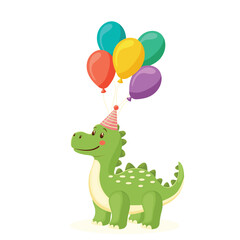 Cute Baby Dinosaur Cartoon with Balloons Birthday Party Isolated.