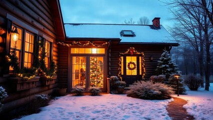 Cozy winter home with festive Christmas tree glowing inside